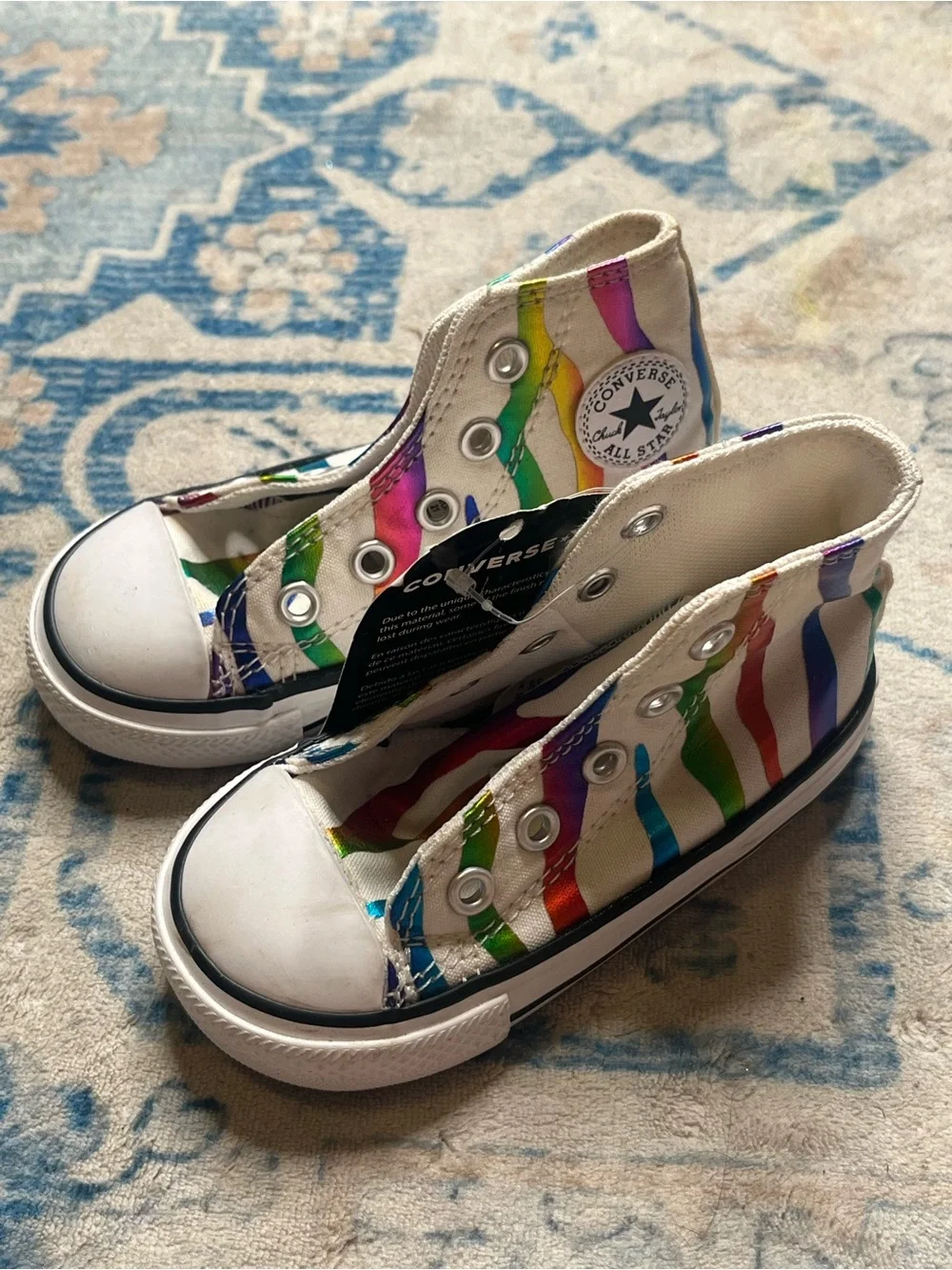 Converse Kids White High-Top Sneakers with Rainbow Stripe Waves